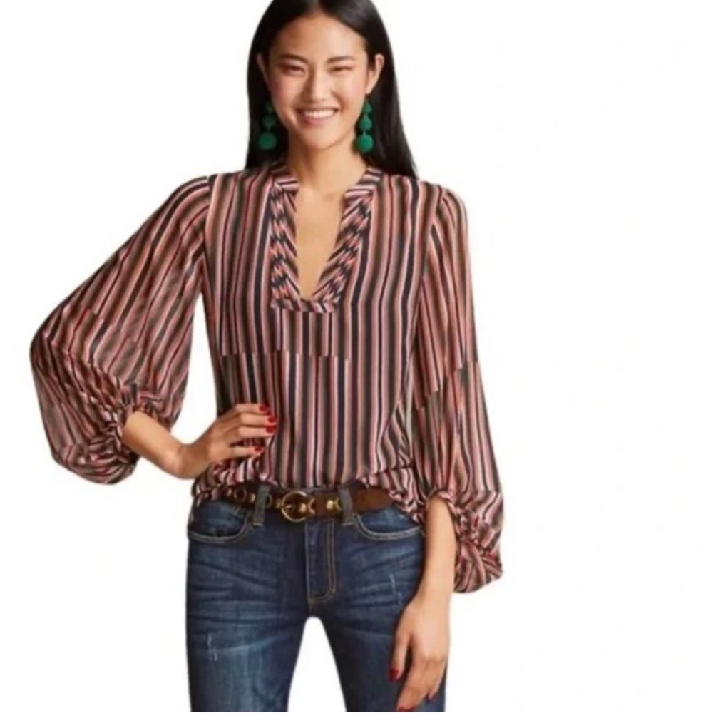 cabi The Ultimate Blouse Sheer Balloon
Sleeve Vertical Stripe like new! Size L